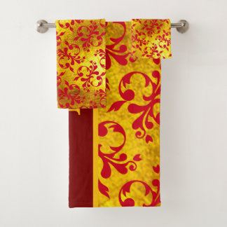 Elegant Red Damask and Gold Texture  Bath Towel Set