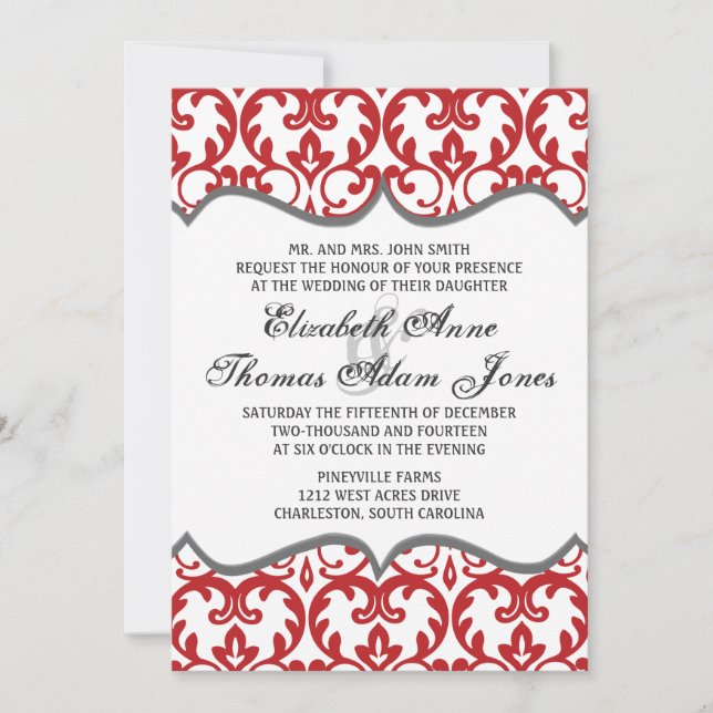 Elegant Red Damask Heart Wedding Invitation (Front)