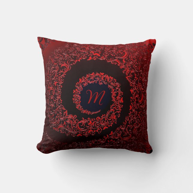 Elegant Red Damask Monogram Cushion (Front)
