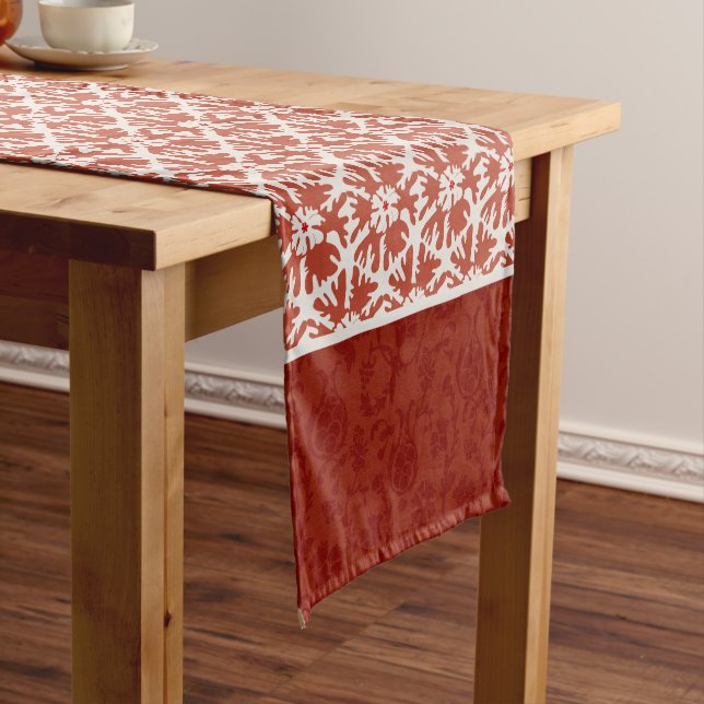 Elegant Red Damask Star Pattern Christmas Short Table Runner (In Situ)