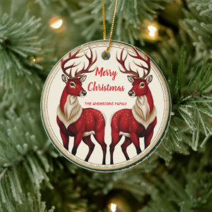 Elegant Red Deer Moose Gold Snow merry Xmas party Ceramic Tree Decoration