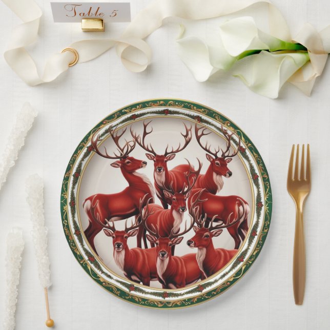 Elegant Red Deer Moose Gold Snow merry Xmas party Paper Plate (Wedding)