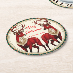 Elegant Red Deer Moose Gold Snow merry Xmas party Round Paper Coaster
