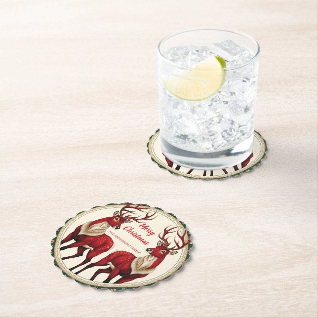 Elegant Red Deer Moose Gold Snow merry Xmas Patter Paper Coaster (Insitu)