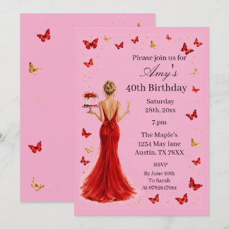 Elegant Red dress & butterflies 40th Birthday Invitation