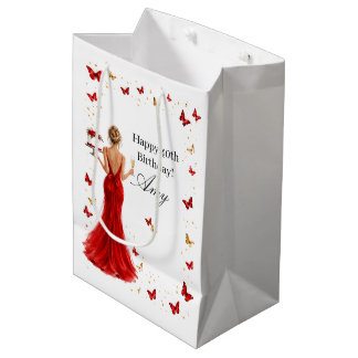 Elegant Red dress with butterflies 40th birthday Medium Gift Bag