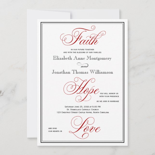 Elegant Red Faith Hope Love Wedding Invitation (Front)