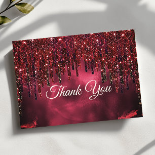 Elegant red faux glitter drips thank you card