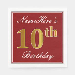 Elegant Red, Faux Gold 10th Birthday + Custom Name Napkin