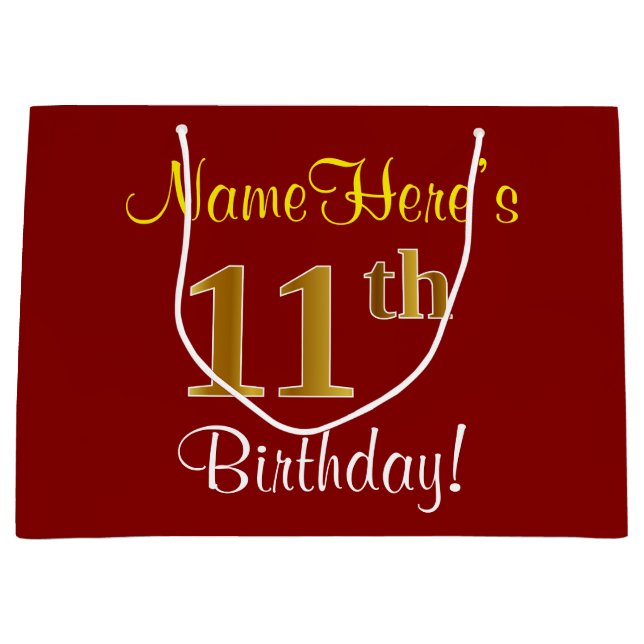 Elegant, Red, Faux Gold 11th Birthday; Custom Name Large Gift Bag (Front)