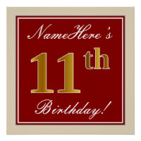 Elegant, Red, Faux Gold 11th Birthday; Custom Name