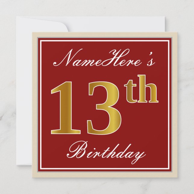 Elegant, Red, Faux Gold 13th Birthday; Custom Name Invitation (Front)
