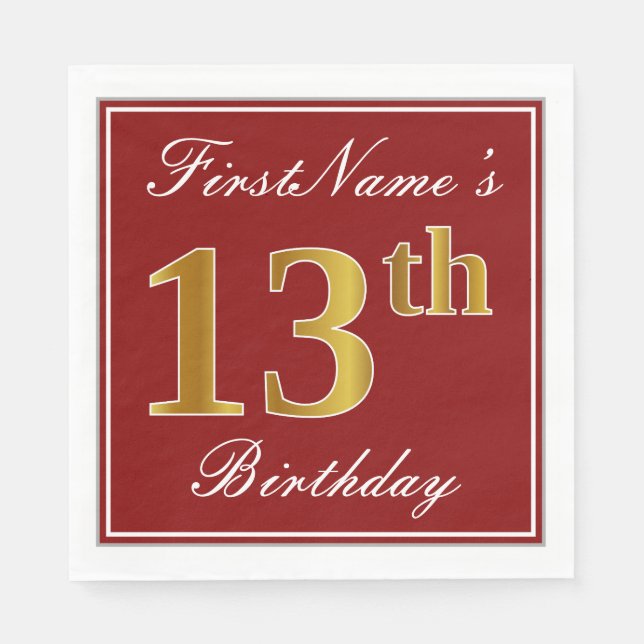 Elegant Red, Faux Gold 13th Birthday + Custom Name Napkin (Front)