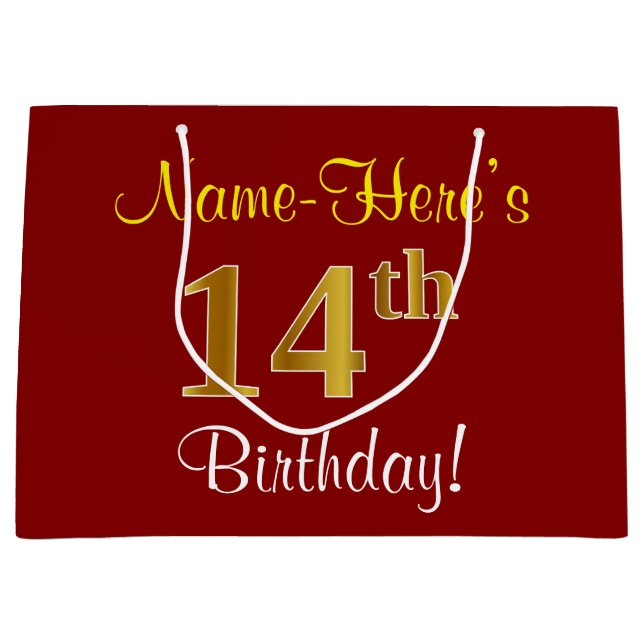 Elegant, Red, Faux Gold 14th Birthday; Custom Name Large Gift Bag (Front)