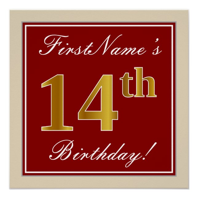 Elegant, Red, Faux Gold 14th Birthday; Custom Name Poster (Front)