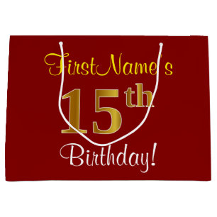 Elegant, Red, Faux Gold 15th Birthday; Custom Name Large Gift Bag