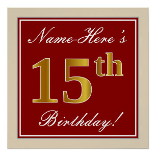 Elegant, Red, Faux Gold 15th Birthday; Custom Name Poster