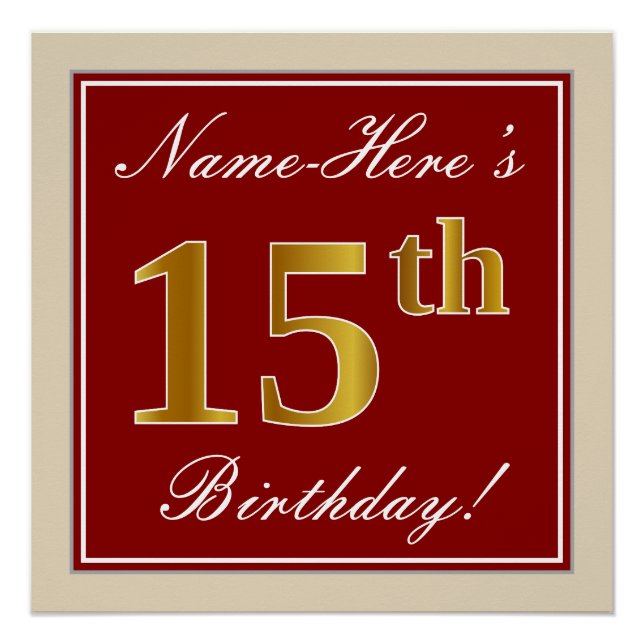 Elegant, Red, Faux Gold 15th Birthday; Custom Name Poster (Front)