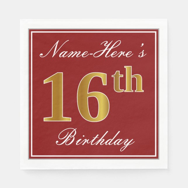 Elegant Red, Faux Gold 16th Birthday + Custom Name Napkin (Front)