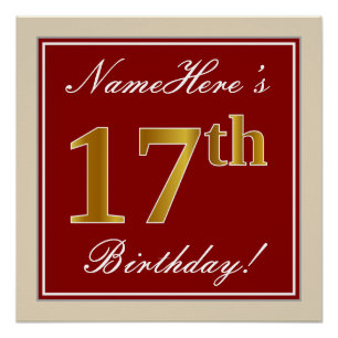 Elegant, Red, Faux Gold 17th Birthday; Custom Name Poster