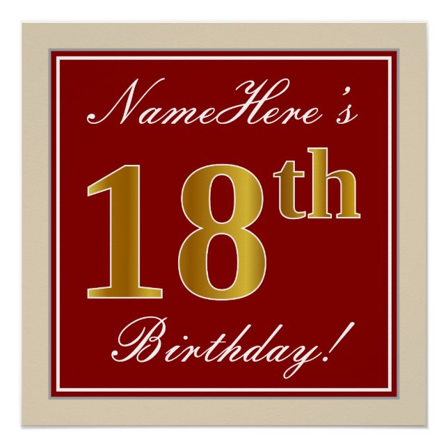 Elegant, Red, Faux Gold 18th Birthday; Custom Name Poster (Front)