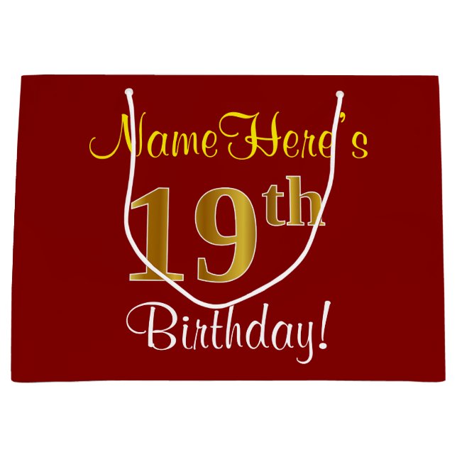 Elegant, Red, Faux Gold 19th Birthday; Custom Name Large Gift Bag (Front)