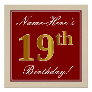 Elegant, Red, Faux Gold 19th Birthday; Custom Name Poster