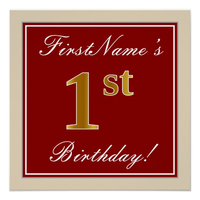 Elegant, Red, Faux Gold 1st Birthday + Custom Name Poster (Front)