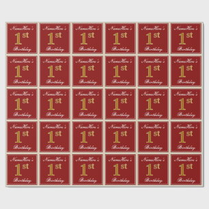 Elegant, Red, Faux Gold 1st Birthday + Custom Name Wrapping Paper