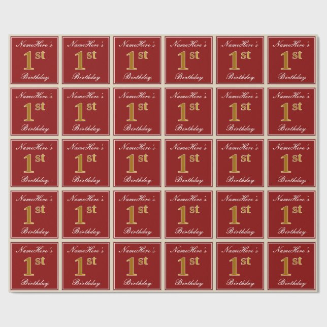 Elegant, Red, Faux Gold 1st Birthday + Custom Name Wrapping Paper (Flat)