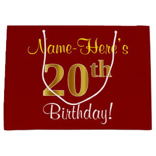 Elegant, Red, Faux Gold 20th Birthday; Custom Name Large Gift Bag