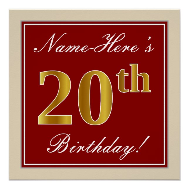Elegant, Red, Faux Gold 20th Birthday; Custom Name Poster (Front)