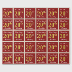 Elegant, Red, Faux Gold 20th Birthday; Custom Name Wrapping Paper