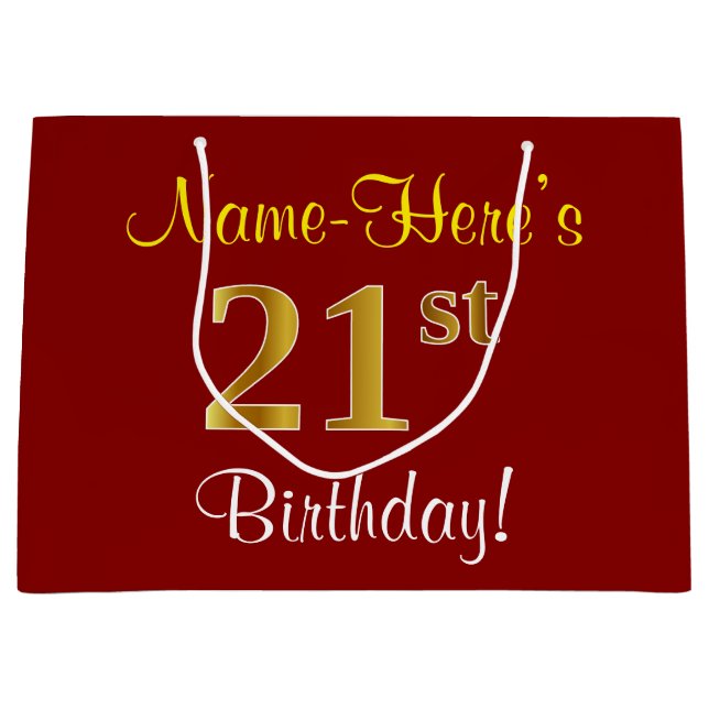 Elegant, Red, Faux Gold 21st Birthday; Custom Name Large Gift Bag (Front)
