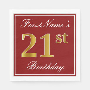 Elegant Red, Faux Gold 21st Birthday + Custom Name Napkin