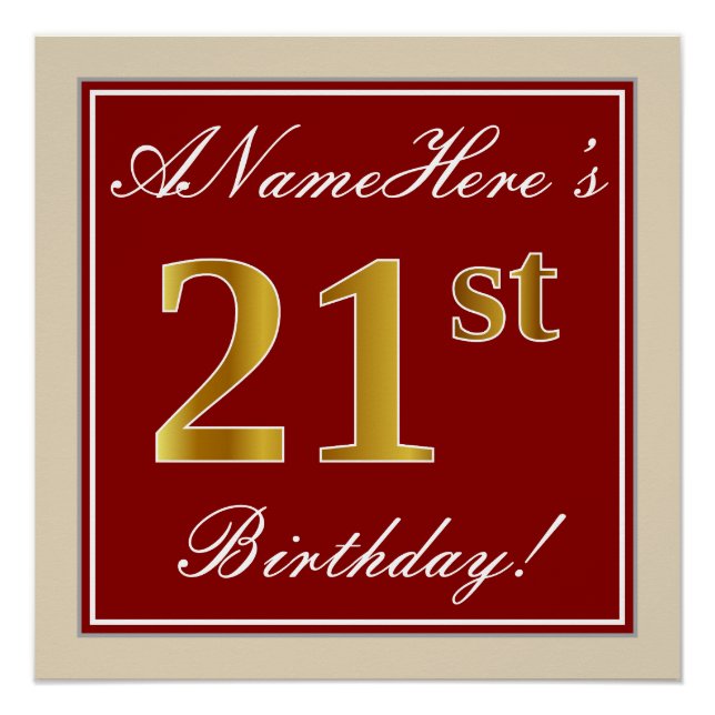 Elegant, Red, Faux Gold 21st Birthday; Custom Name Poster (Front)