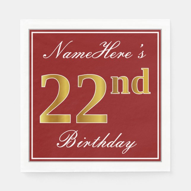 Elegant Red, Faux Gold 22nd Birthday + Custom Name Napkin (Front)