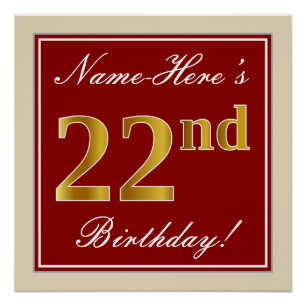 Elegant, Red, Faux Gold 22nd Birthday; Custom Name Poster