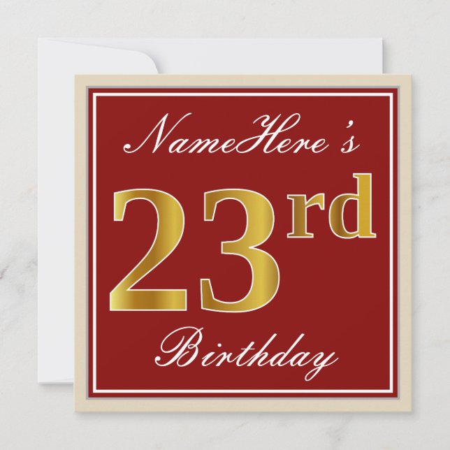 Elegant, Red, Faux Gold 23rd Birthday; Custom Name Invitation (Front)