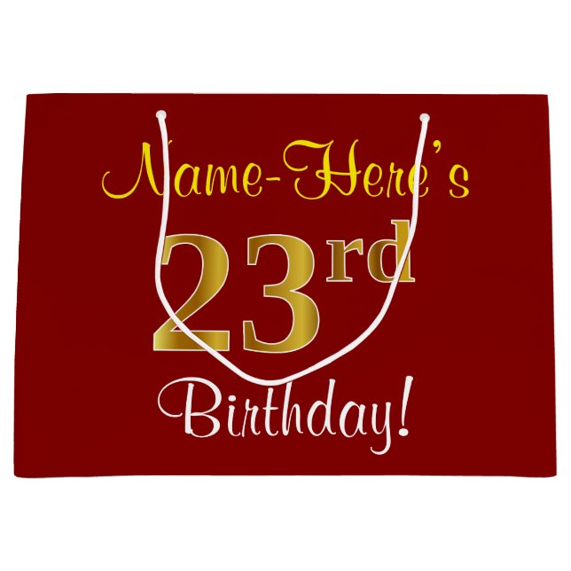Elegant, Red, Faux Gold 23rd Birthday; Custom Name Large Gift Bag (Front)
