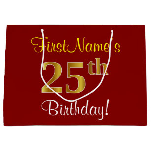 Elegant, Red, Faux Gold 25th Birthday; Custom Name Large Gift Bag