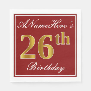 Elegant Red, Faux Gold 26th Birthday + Custom Name Napkin