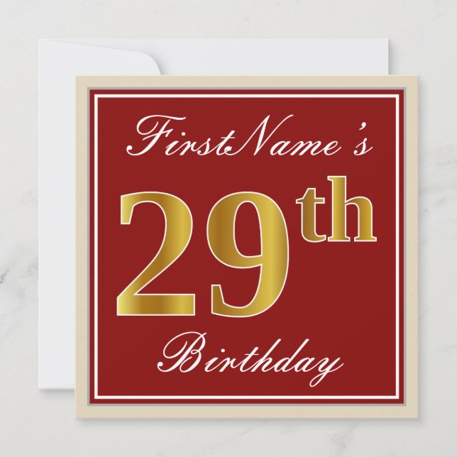 Elegant, Red, Faux Gold 29th Birthday; Custom Name Invitation (Front)