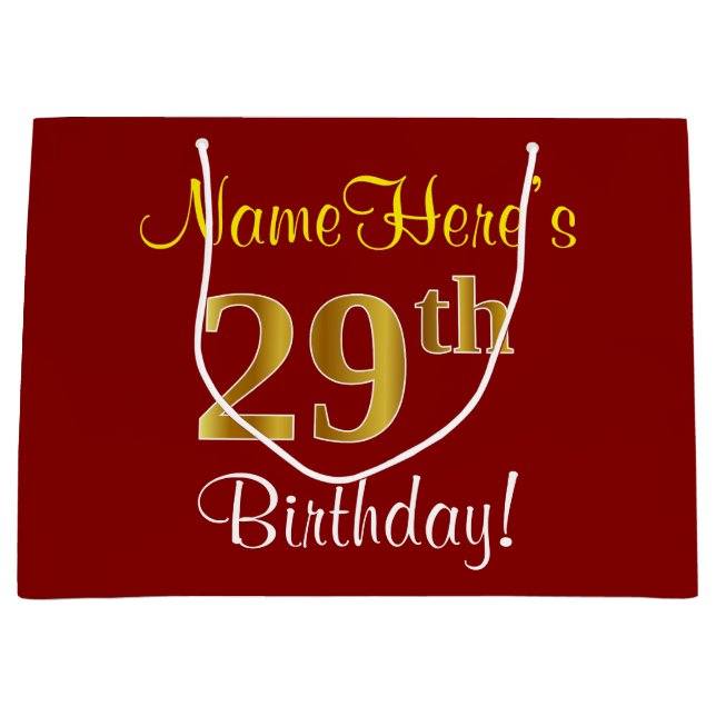 Elegant, Red, Faux Gold 29th Birthday; Custom Name Large Gift Bag (Front)