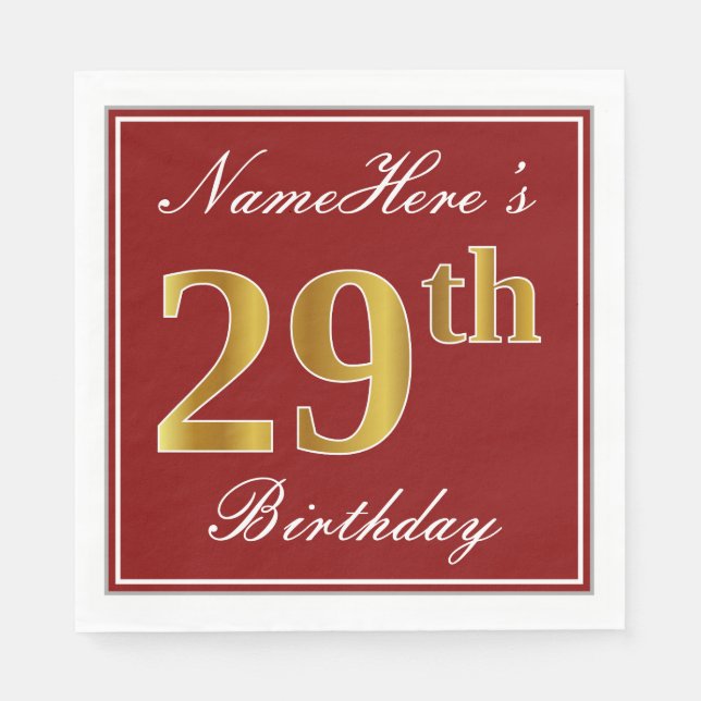Elegant Red, Faux Gold 29th Birthday + Custom Name Napkin (Front)