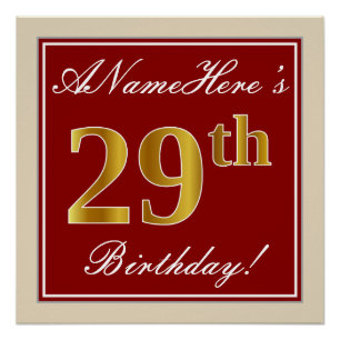 Elegant, Red, Faux Gold 29th Birthday; Custom Name Poster