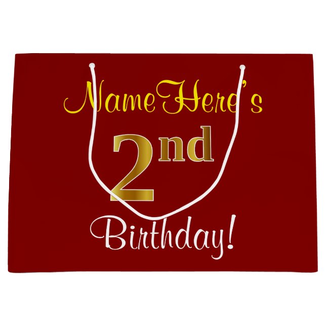 Elegant, Red, Faux Gold 2nd Birthday + Custom Name Large Gift Bag (Front)