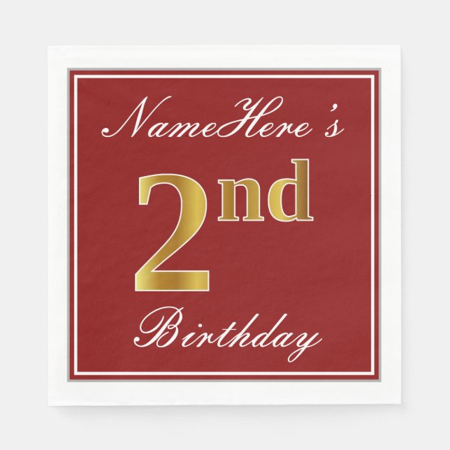 Elegant Red, Faux Gold 2nd Birthday + Custom Name Napkin (Front)