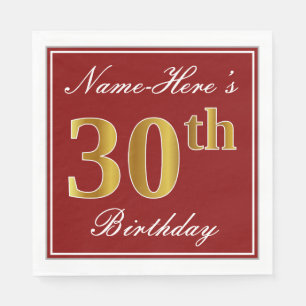 Elegant Red, Faux Gold 30th Birthday + Custom Name Napkin