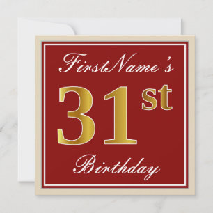 Elegant, Red, Faux Gold 31st Birthday; Custom Name Invitation